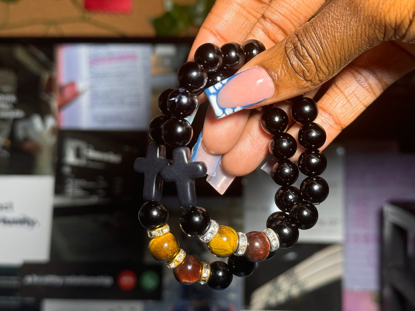 Black Cross With Tigers Eye Bracelet (Gold)